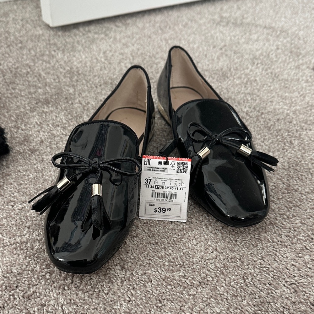 Zara Glossy Black Tassel Loafers